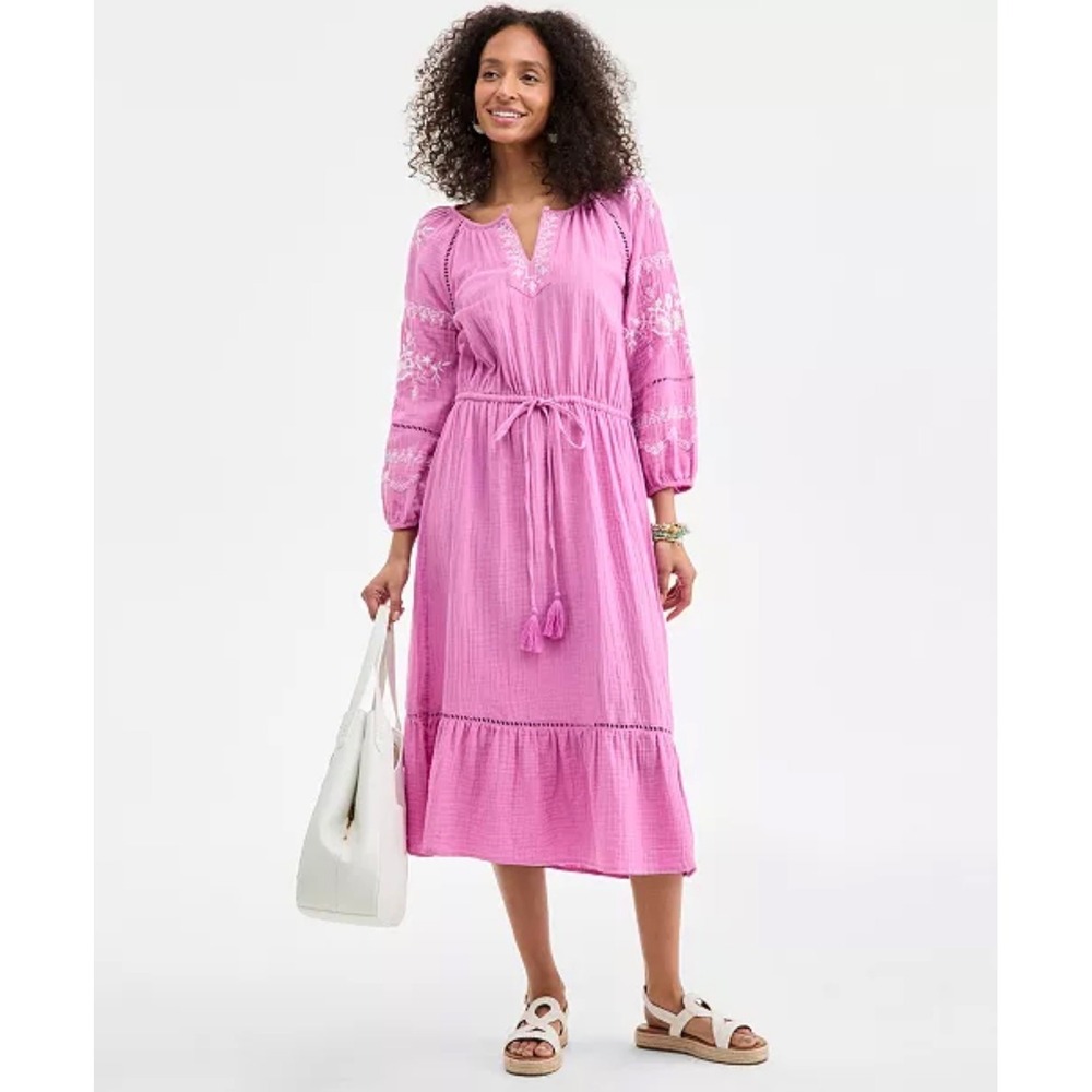 NWT Style & Co Embroidered Tassel Boho Peasant Midi Dress Pink 100% Cotton M